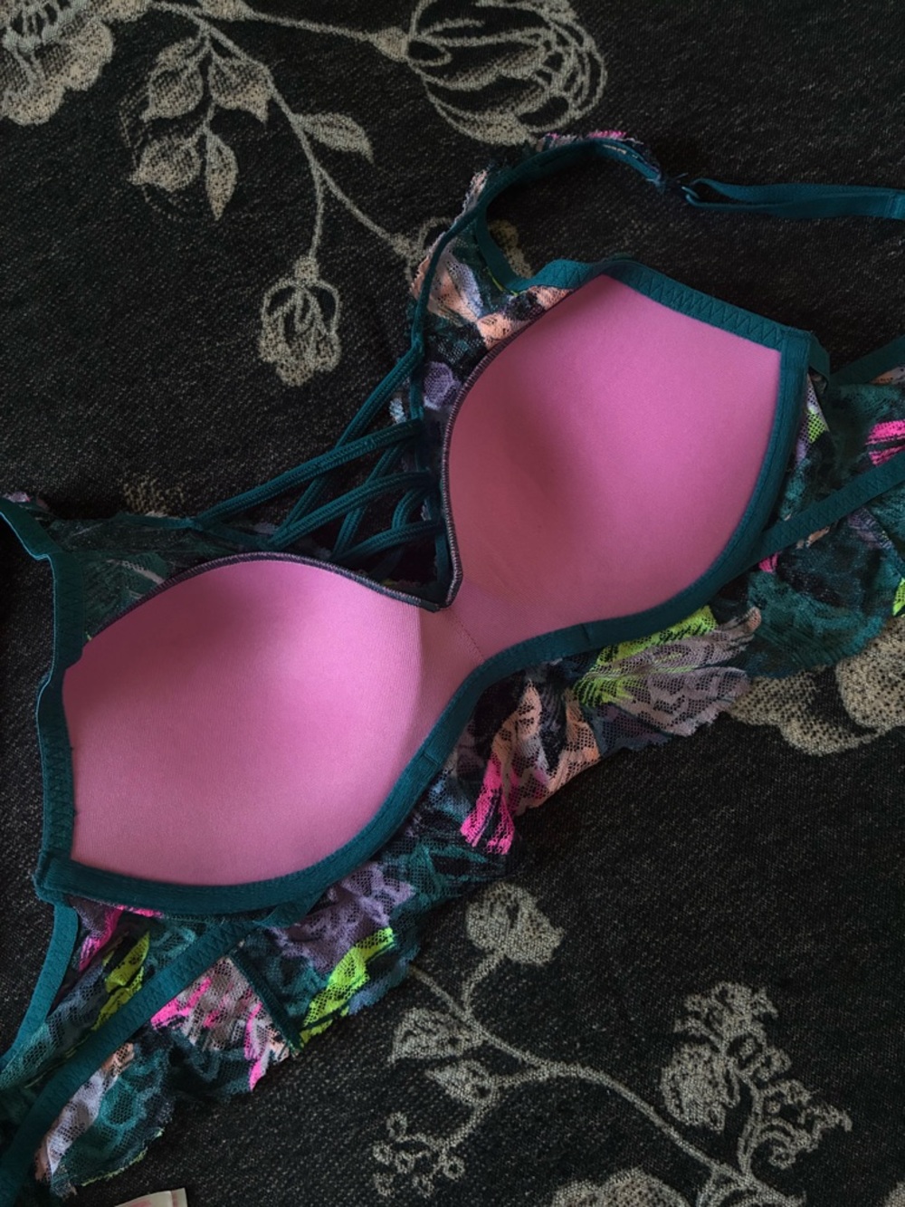 Victoria's Secret Teal Floral Lace Underwire Bra with Neon Accents - Picture 2 of 9